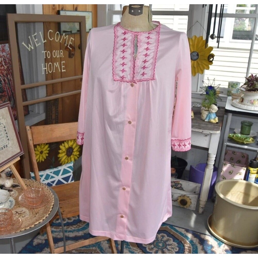 60s Komar Embroidered Boho Night Gown Pink Long Sleeve - Size Small